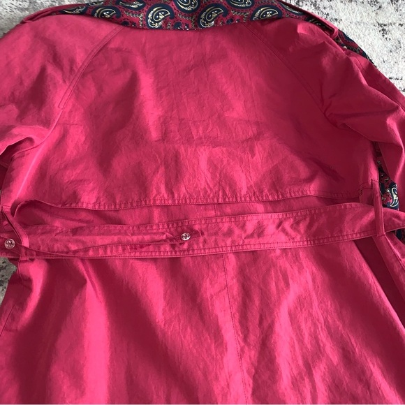 London Fog Raspberry Trench Coat with Paisley Scarf & Elegant Flowing Design - Picture 9 of 11